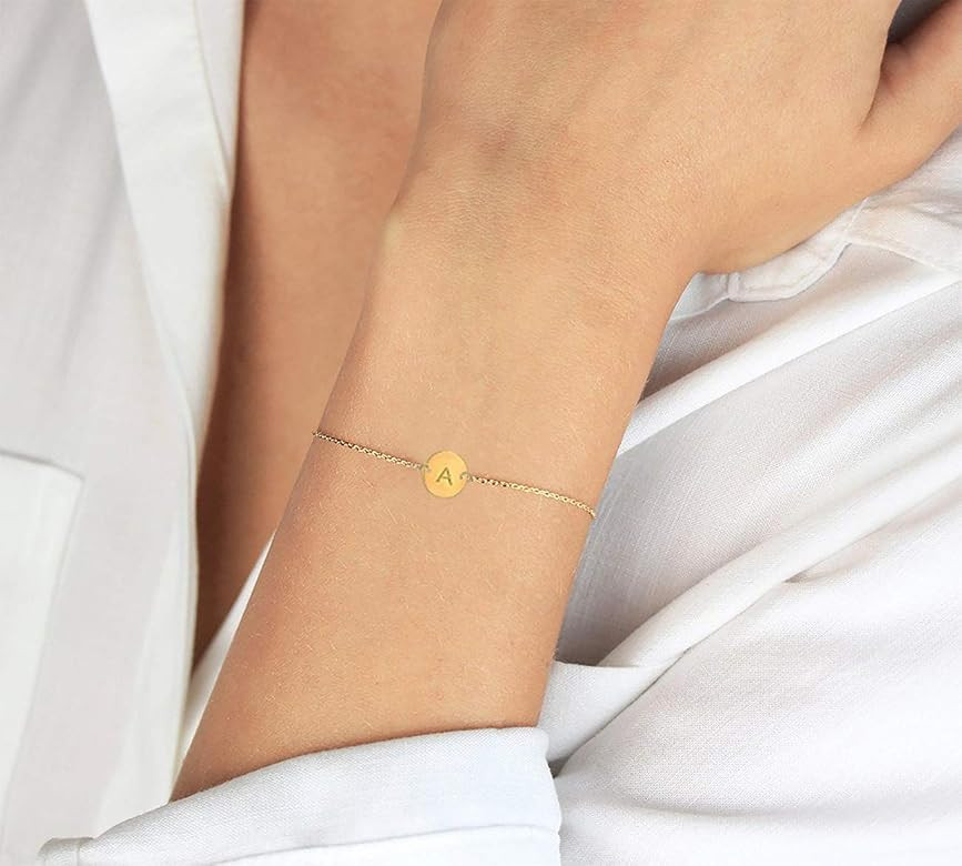 Glimmerst Personalized Initial Bracelet, 18K Gold Plated Stainless Steel Letter Bracelet Dainty Coin | Amazon (US)