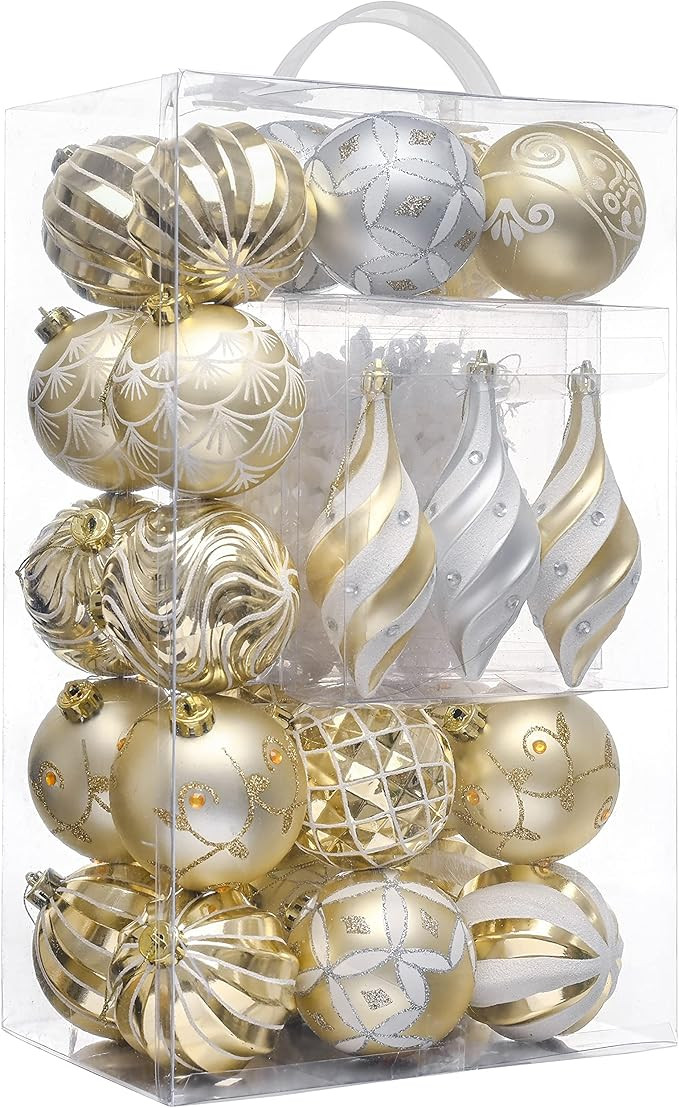 Valery Madelyn Christmas Tree Decorations Set, 40ct White and Gold Shatterproof Christmas Ball Or... | Amazon (US)