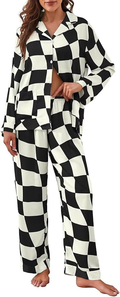 Brosloth Womens Silk Pajamas Button Up Pajama Soft Long Sleeve Satin Printed Loungewear Set | Amazon (US)