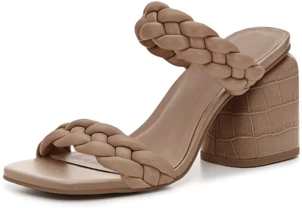 Ricristy Womens Braided Heeled Sandals Square Toe Chunky Block Heel Slip On Backless Summer Slide... | Amazon (US)