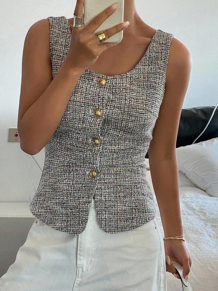 Livesso Spring New French Style Square Neck Waist Cinched Sleeveless Vest For Women, Slimming | SHEIN