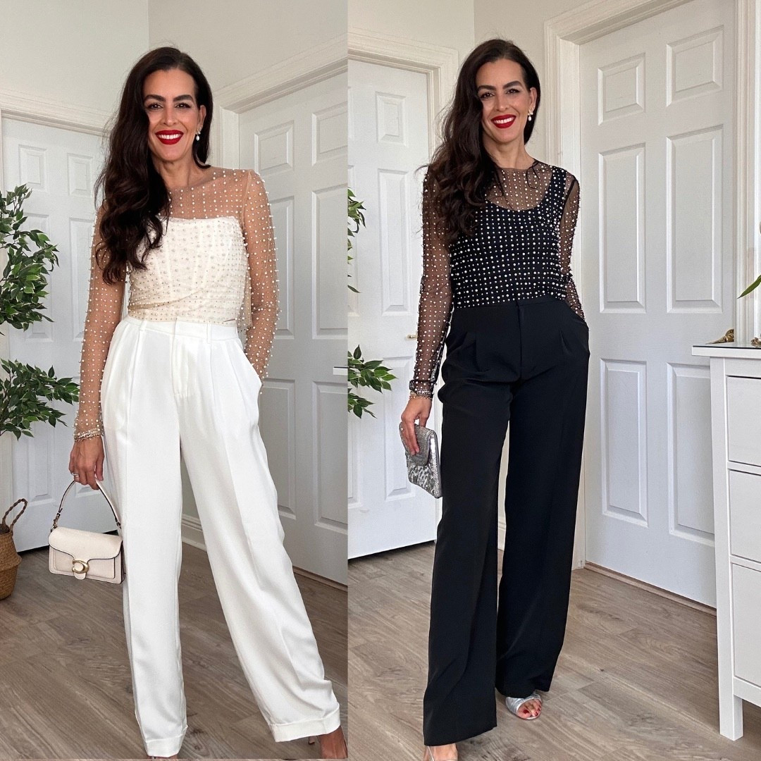 ‼️All sizing and details below⬇️
Outfit 1:
Size S in mesh top and bustier.
Size 4 in white wide le pants.
Lipstick is feels so grand. 
Adding similar heels.
Outfit 2:
Size S I mesh top and black bodysuit.
Size 2 in black pants.
Adding similar clutch bag. 

#LTKSeasonal #LTKHoliday #LTKOver40