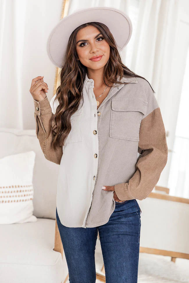 On The Way Brown Colorblock Corduroy Shacket | Pink Lily