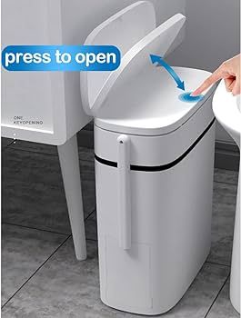 14 Liter White Plastic Garbage Can with Press Top Lid, Dogproof Slim Rectangular Trash Bin for To... | Amazon (US)