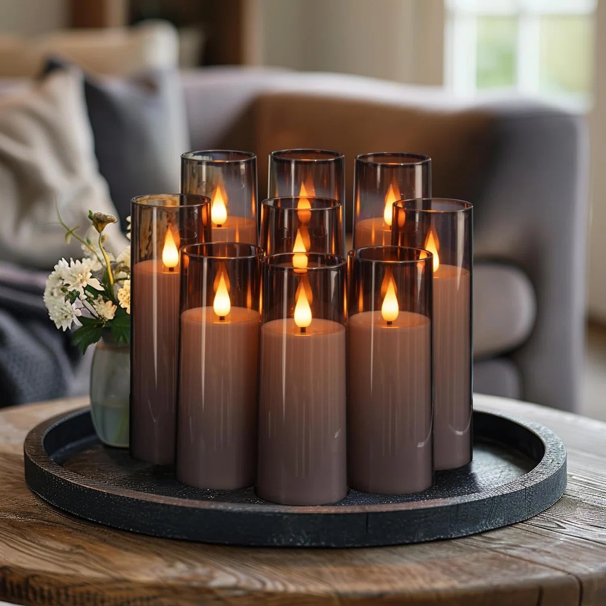 Grey Flameless Candles 9 Set, Battery Operated Candles With Remote Control And Timer, Flickering ... | Wayfair North America