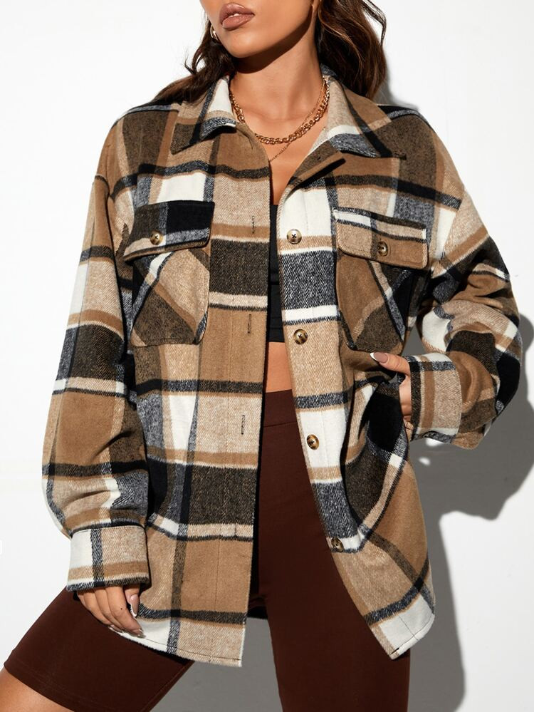 Plaid Print Drop Shoulder Flap Pocket Overcoat | SHEIN