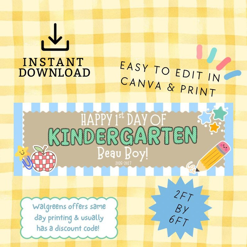 Editable Back To School Banner Template, Kindergarten BTS Banner, Back to School Banner, Printabl... | Etsy (Global)