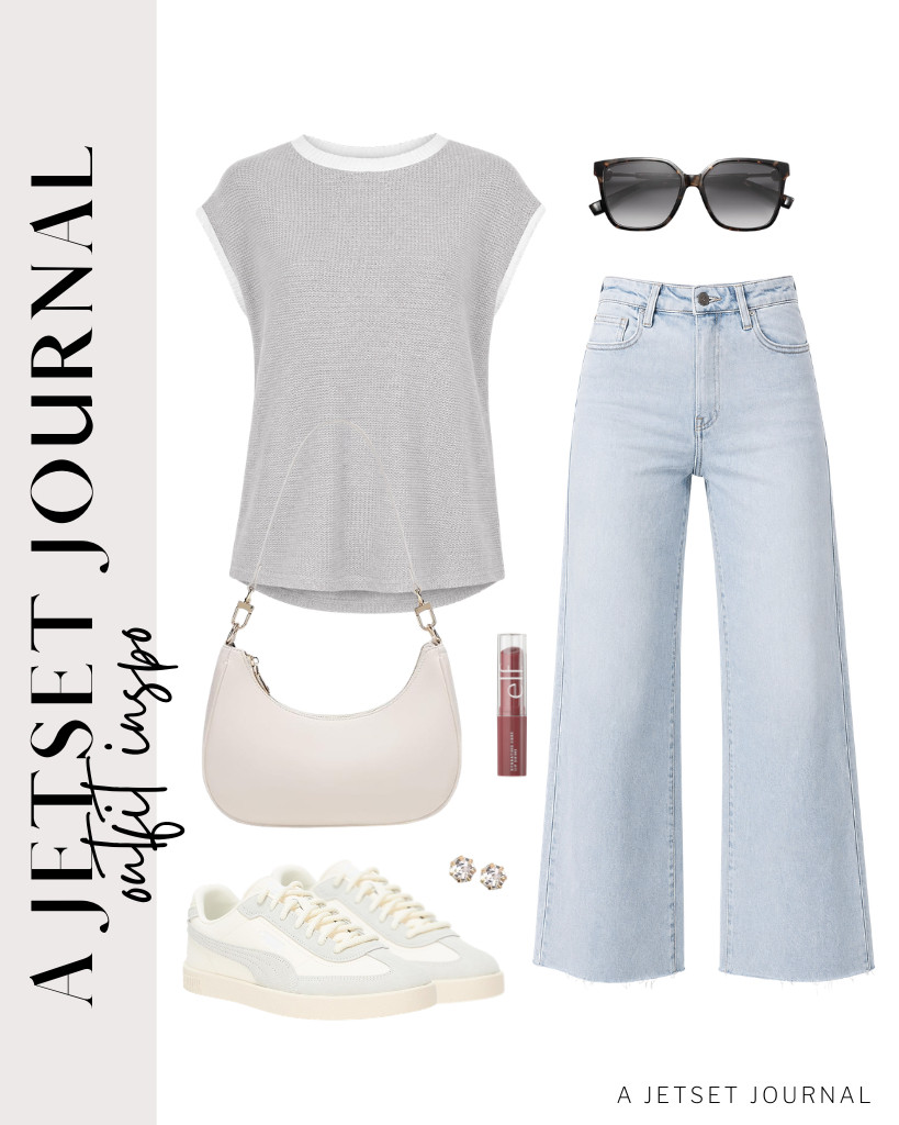 This combination of a cap sleeve sweater vest and wide-leg pants is a chic outfit for running errands. To keep the look laid-back and comfortable, add these Puma Club II Era sneakers. This e.l.f. lip shine makes the perfect finishing touch. 

 #LTKSeasonal #LTKSaleAlert #LTKTravel