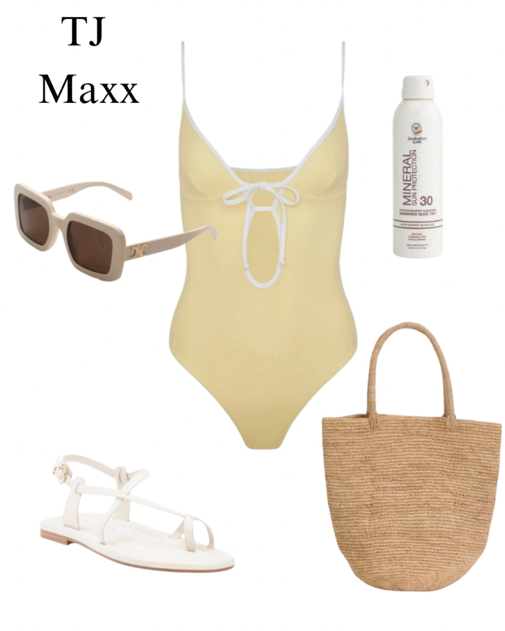This yellow swimsuit comes in 3 colors! Beach tote, Celine sunglasses, white sandals, pool, resort, vacation, TJ Maxx sale, one peice swim.

#LTKSaleAlert #LTKSwim #LTKootd