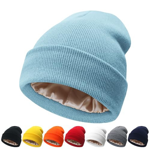 NPQQUAN Satin Lined Beanie for Women Silk Lined Beanies Winter Warm Soft Lining Cuffed Knit Beanie Hats for Women SkyBlue(Satin Lined) | Amazon (US)