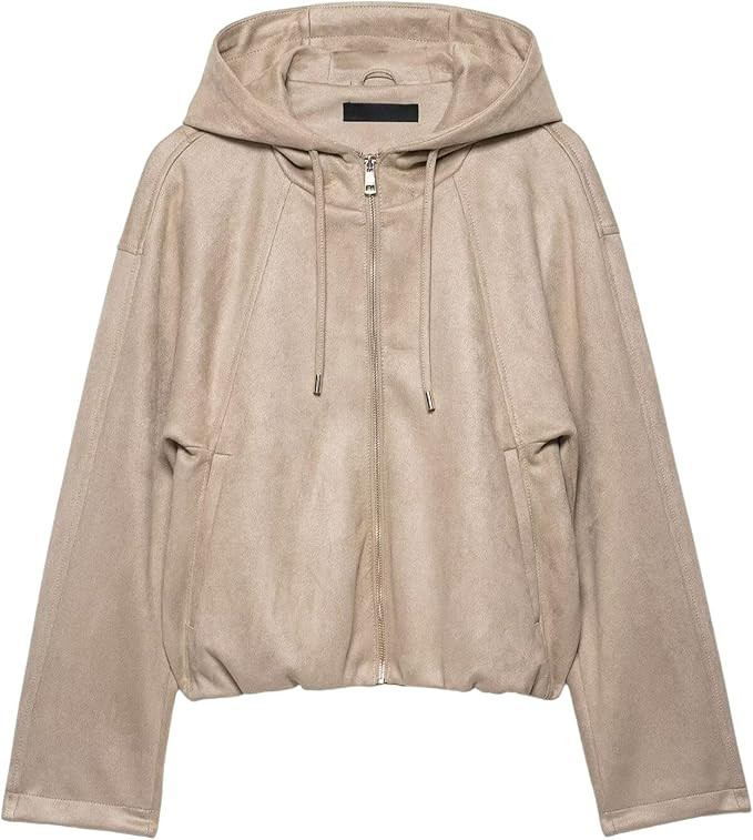 Xunger Women's Faux Suede Drawstring Hooded Jacket Bomber Casual Solid Color Zipper Outerwear wit... | Amazon (US)