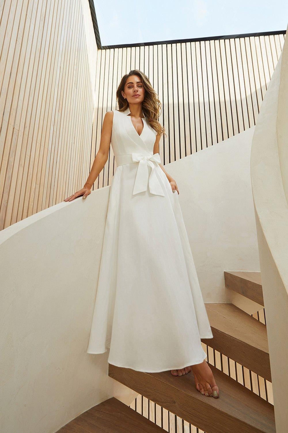 Lydia Millen Petite Linen Wrap Tie Waisted Maxi Dress | Karen Millen US