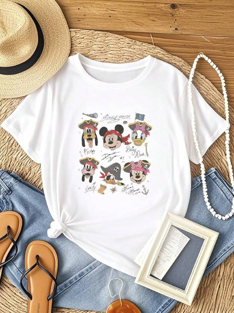 Disney Women T-Shirt Print Vintage Disney Pirate Shirt, Mickey &Amp; Friends Pirate Signature Crew Tee, Minnie Goofy Donald Daisy Shirt, Disney Cruise Gift Breathable Fashion Soft Graphic Top For Everyday Wear Stylish Print Round Neck Short Sleeve Slightly | SHEIN