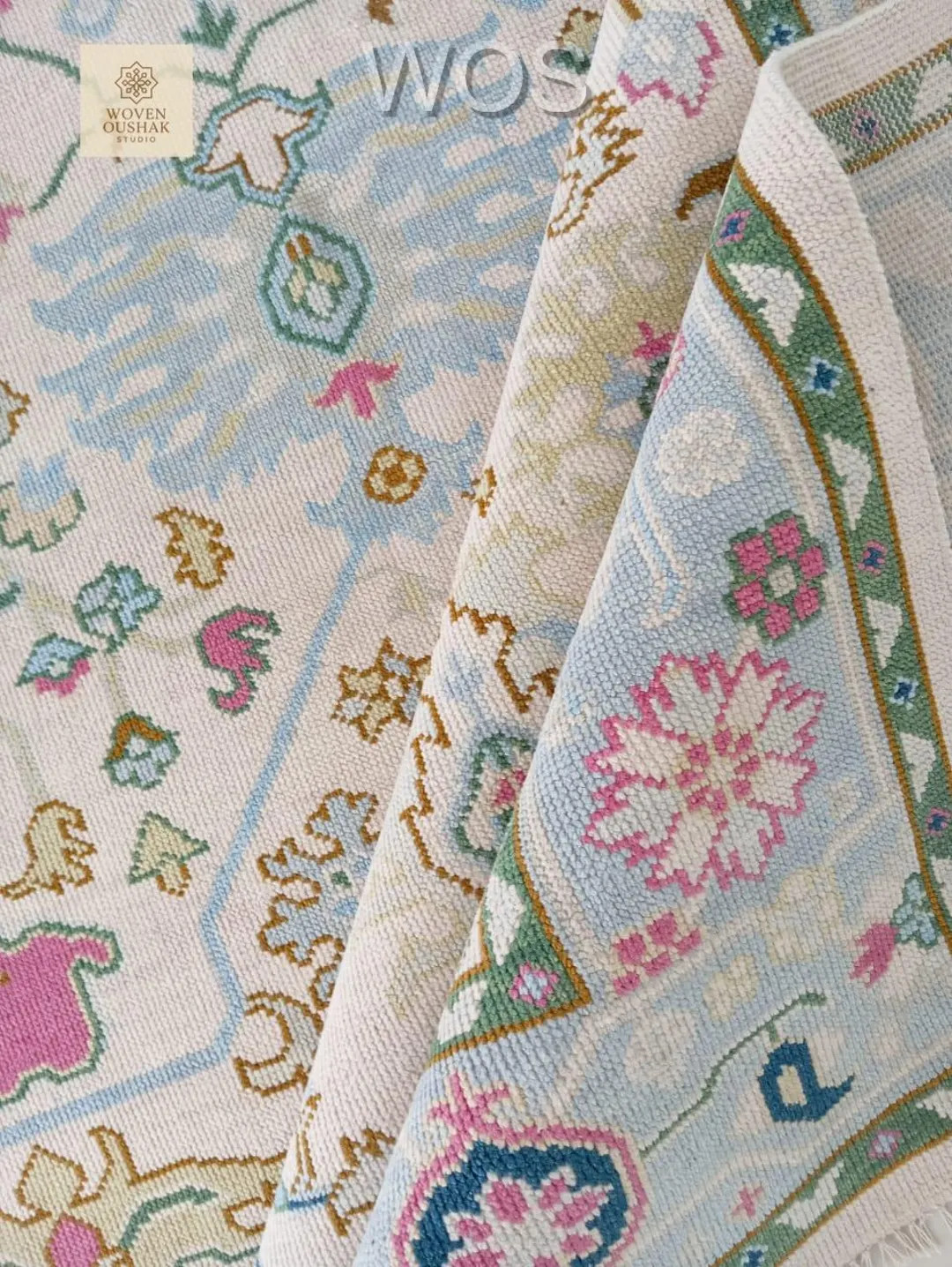 Hand-Knotted Wool Oushak Rug: Light Blue & Pink Floral Carpet | Etsy (US)