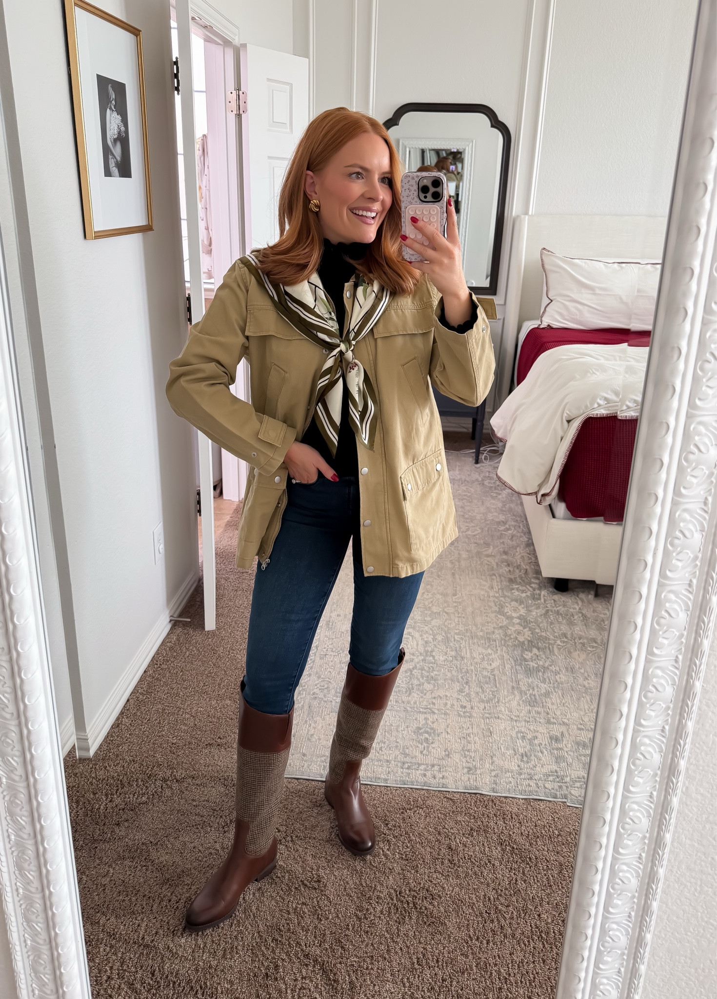 Skinny jeans outfit with riding boots styled for everyday casual wear. This polished casual outfit features a lightweight utility jacket layered over a black top with a silk scarf for a classic, updated look.

This is an easy fall outfit idea for women looking for modern skinny jeans outfits, riding boots outfits, and casual mom outfits that feel put together but effortless.

#LTKgrwm #LTKmomlife #LTKWorkwear