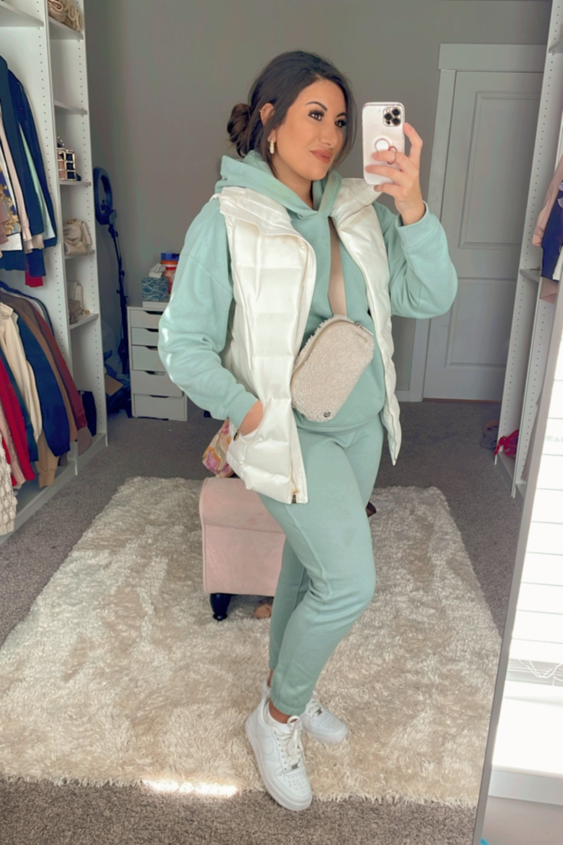 One of my fave Sams Club finds ever!— Calvin Klein matching hoodie & jogger set, available in 3 colors. Mint green, lavender, & gray. 

Paired this matching 2 piece set with my favorite leather puffer vest, Lululemon everywhere belt bag, & a pair of white Air Force 1’s! Easiest comfy casual spring outfit! 

Spring outfit 
Spring style 

#LTKFind #LTKstyletip #LTKunder50