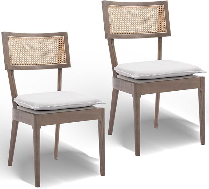 Guyou Light Brown Rattan Dining Chairs Set of 2, Linen Upholstered Farmhouse Dining Chairs with C... | Amazon (US)