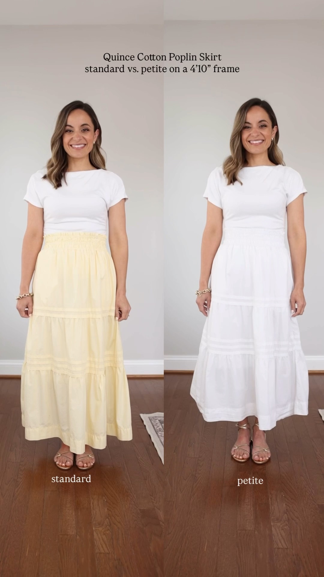 A side by side look at the cotton poplin skirt from Quince in standard and petite! 

I was very excited to come across a petite option at Quince and hope it’s the beginning of more. I actually think the standard length of the skirt looks better on me than the shorter petite option. 😁 

Yellow skirt: xs 
White skirt: petite xs 
Top (Nordstrom): petite xs