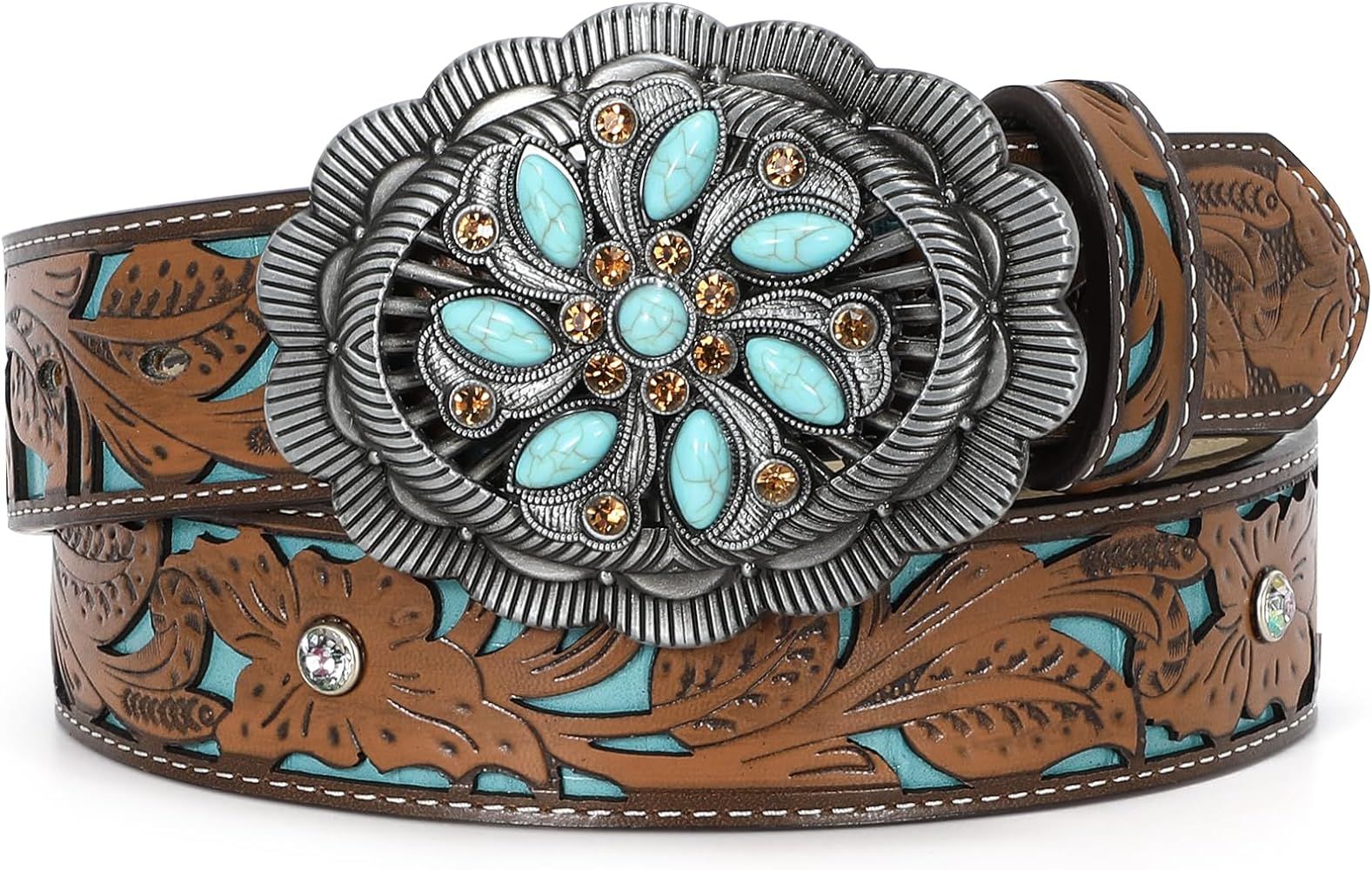 Western Belts for Women Cowboy Cowgirl Floral Embossed Leather Belt with Rhinestone Turquoise Lon... | Amazon (US)