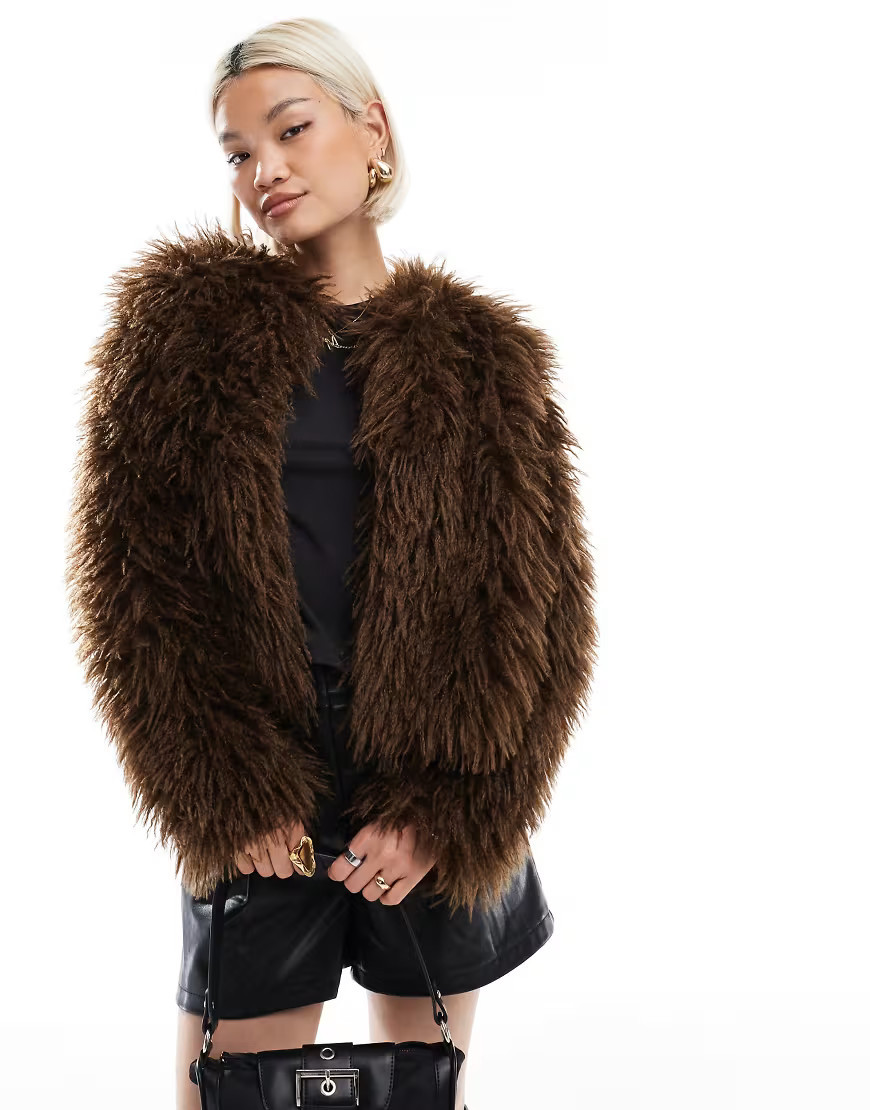 Threadbare faux shearling fur jacket in chocolate brown | ASOS (Global)