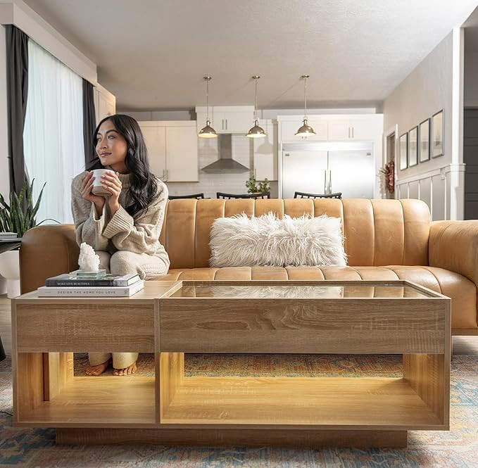 LED Coffee Table - Lighted & Electric Living Room Accent Table with Glass Tabletop, Storage Shelf... | Amazon (US)