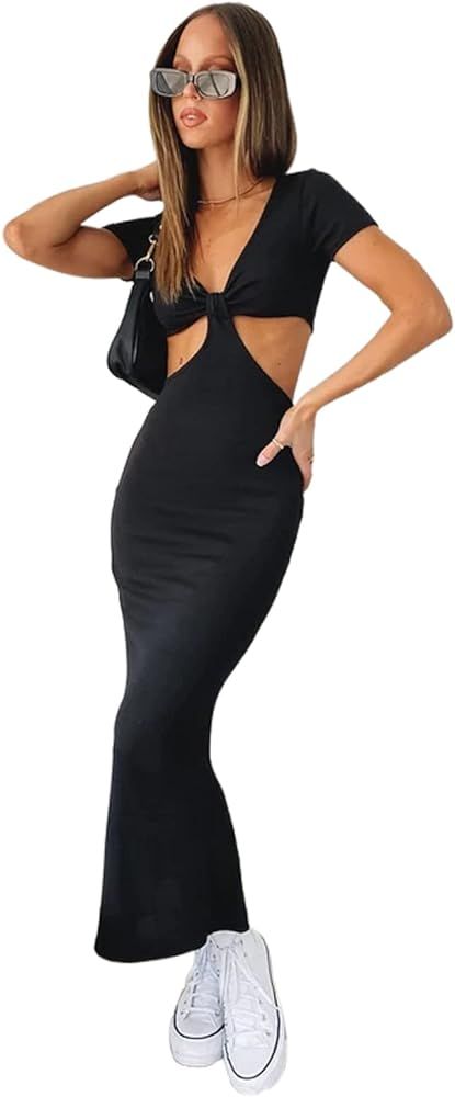 AISLUBXM Women Sexy Hollow Out Y2K Dress Low Cut V-Neck Backless Bodycon Long Maxi Dress Clubwear... | Amazon (US)