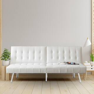 HOMESTOCK White, Faux leather Tufted Split Back Futon Sofa Bed, Couch Bed, Futon Convertible Sofa... | The Home Depot