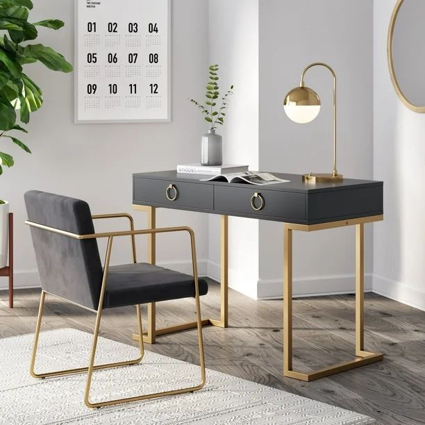 Nathan James Leighton Two-Drawer Modern Desk Black and Gold Finish | Walmart (US)