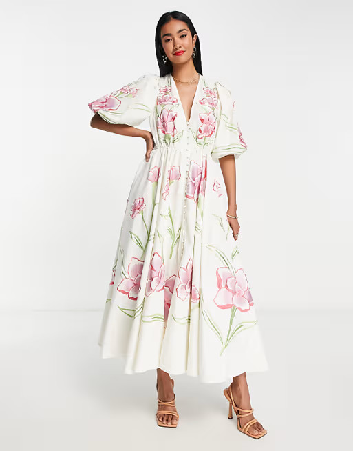 ASOS EDITION button front bright floral embroidered midi dress | ASOS (Global)