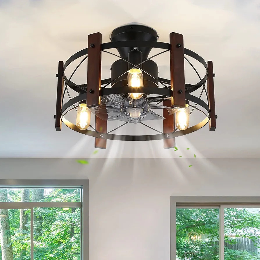 Industrial Ceiling Fan with Light Remote Control Farmhouse Metal Caged Ceiling Fan with Wood Blac... | Amazon (US)
