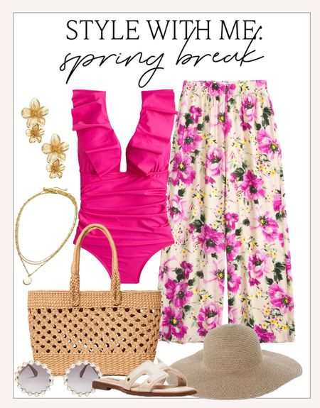 The cutest spring break outfit idea or look for your next beach trip or beach day! 

#resortwear

Affordable resort wear. Hot pink one piece swimsuit. Floral swim coverup pants. Affordable spring break style  

#LTKswim #LTKSeasonal #LTKstyletip