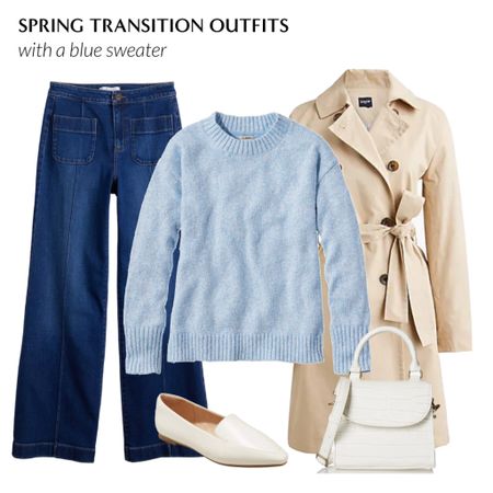 Spring transition outfits with a blue sweater

Trench coat
Wide leg trouser jeans
White loafers 