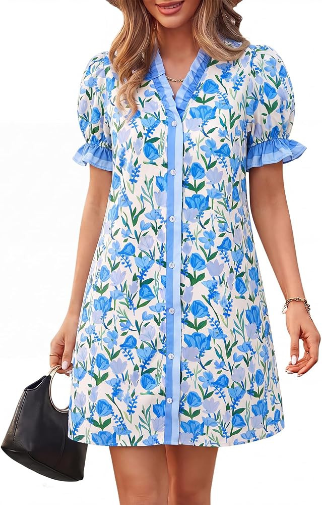 Wenrine Womens Summer Mini Dresses Casual Floral Puff Short Sleeve V Neck Button Down Ruffle Beac... | Amazon (US)