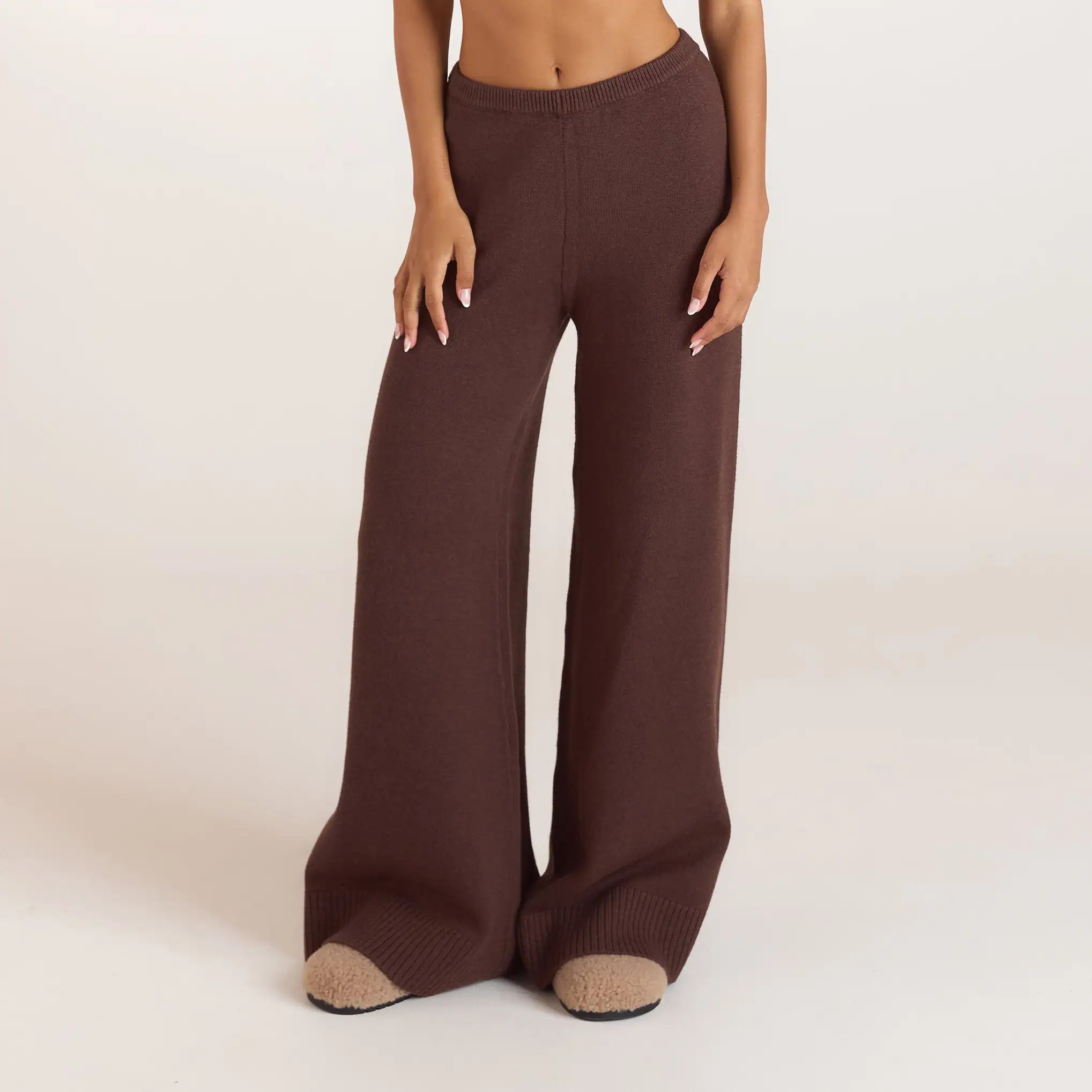 Ribbed Hem Knitted Trousers - Chocolate | Lounge (US)