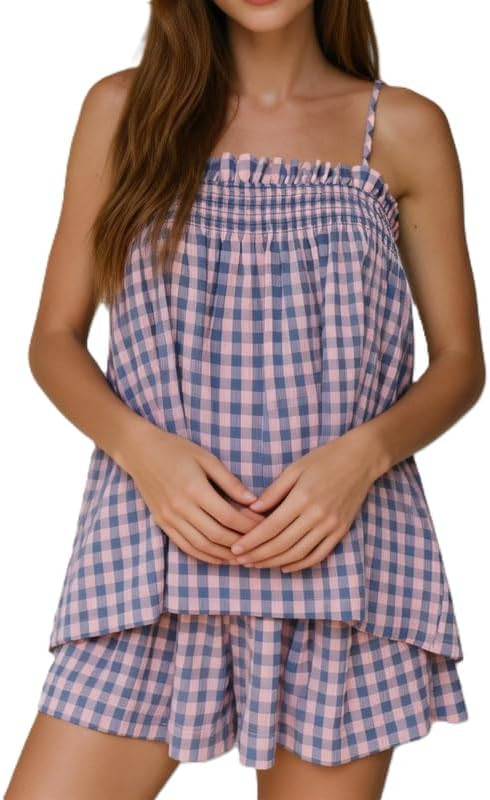 Women's Gingham 2pcs Set Spaghetti Strap Flowy Peplum Babydoll Top Plaid Shorts Sets Summer Light... | Amazon (US)