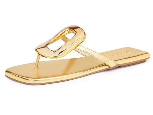 Coutgo Womens Flat Sandals Comfortable Flip Flops Slide Sandals Summer Beach Shoes with Metal Decoration, Gold, size 8.5 | Amazon (US)