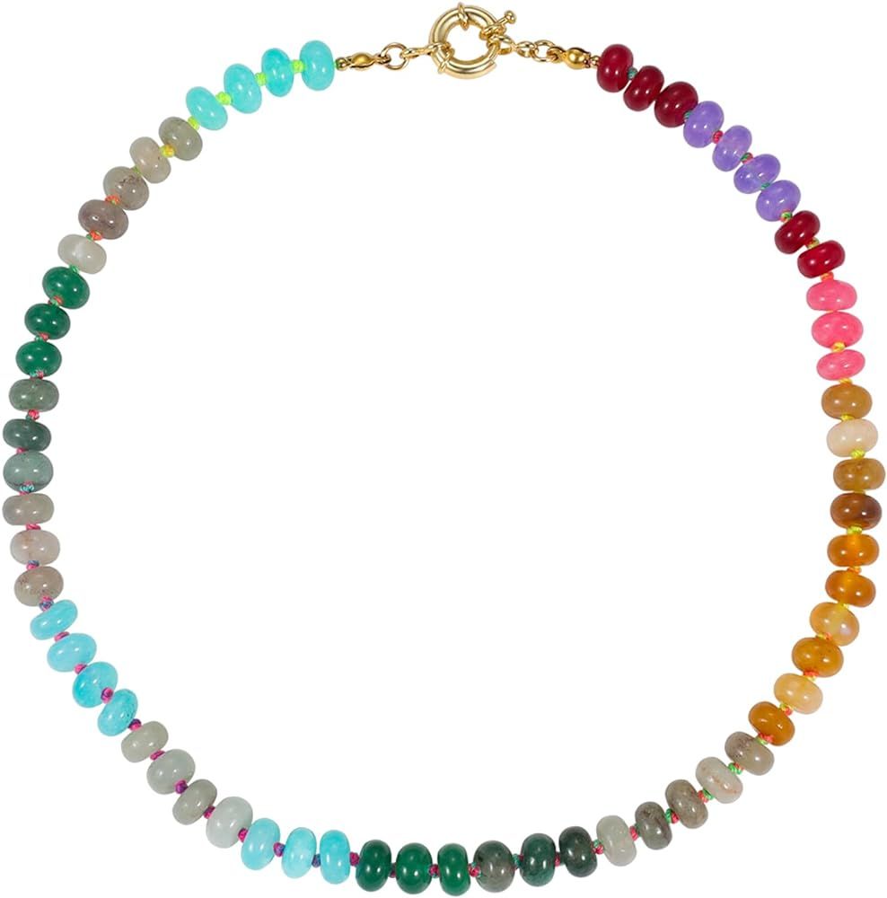 Qitian Beaded Gemstone Necklace for Women, Colorful Rainbow Boho Bead Choker Necklace Natural Sto... | Amazon (US)