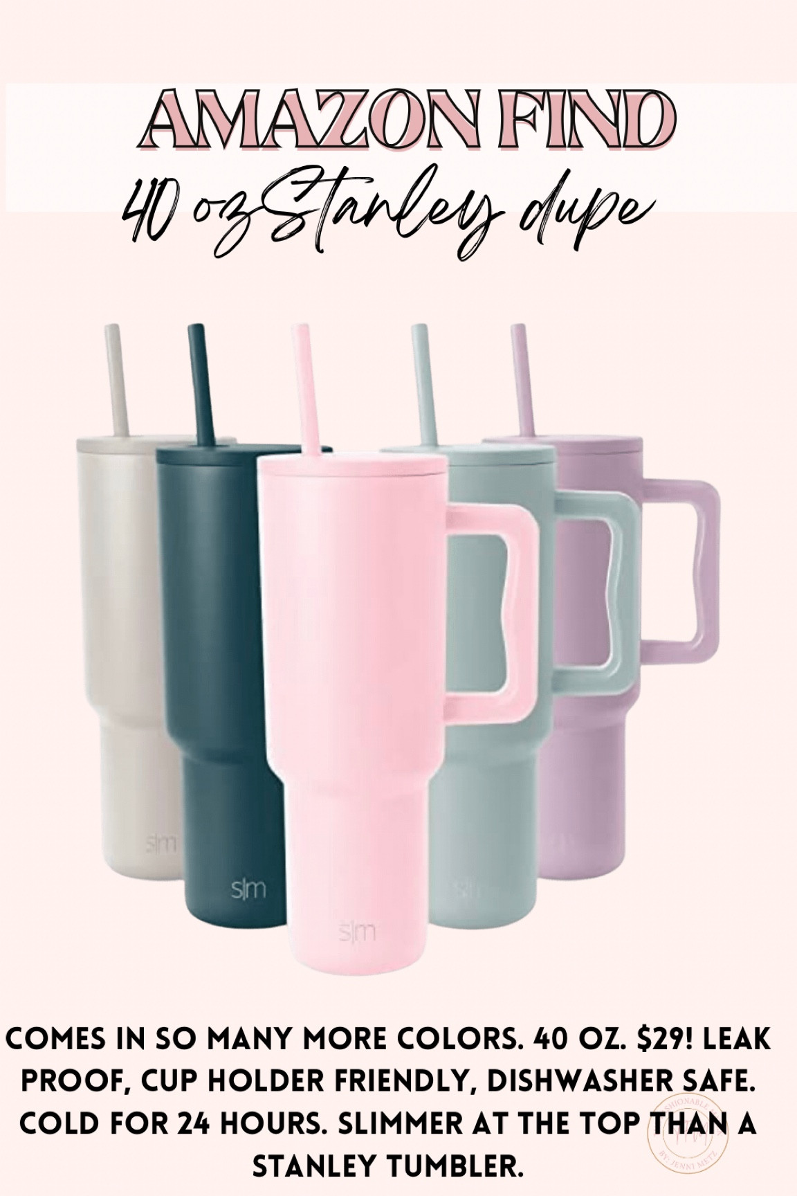 Stanley 40 oz tumbler inspired. This tumbler is very similar to the viral Stanley tumbler. It’s 40 oz, comes in so many colors (not all pictured) it keeps cold for 24 hours, it is slimmer at the top compared to the Stanley and it cost less, starting at $29. 

#LTKfit #LTKunder50 #LTKhome