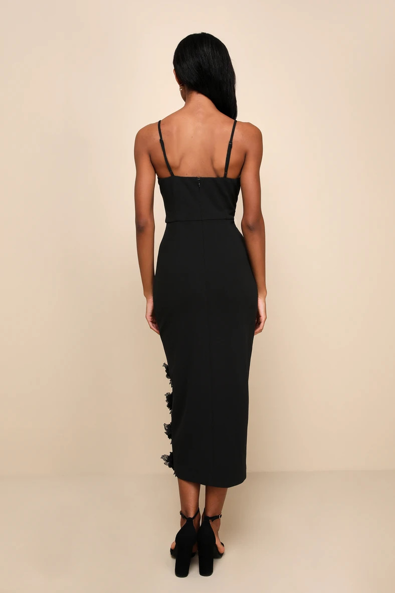 Iconic Elegance Black 3D Floral Applique Sleeveless Midi Dress | Lulus