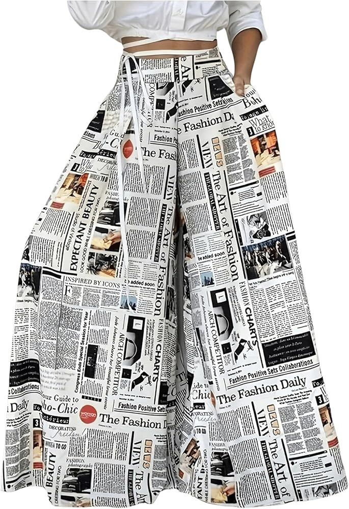 WDIRARA Women's Newspaper Print Wide Leg Pants Elastic Waist Loose Funky Letter Print Palazzo Pan... | Amazon (US)
