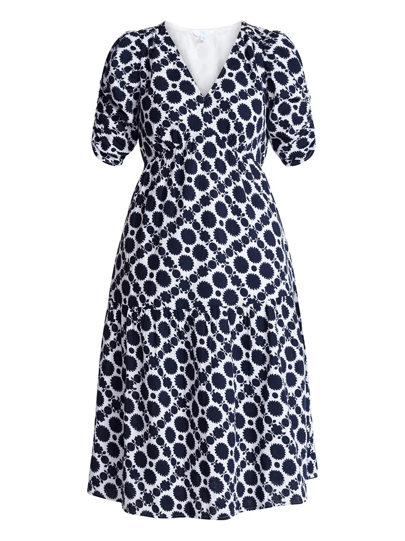 Time and Tru Women's Cotton Tiered Midi Dress with Elbow Length Sleeves, Sizes XS-XXXL | Walmart (US)