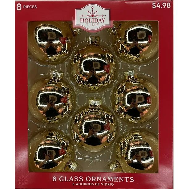 Holiday Time Solid Glass Ball Christmas Ornaments, 2 5/8" (67MM), 8 Count, Boxed Glass, Shiny Gol... | Walmart (US)