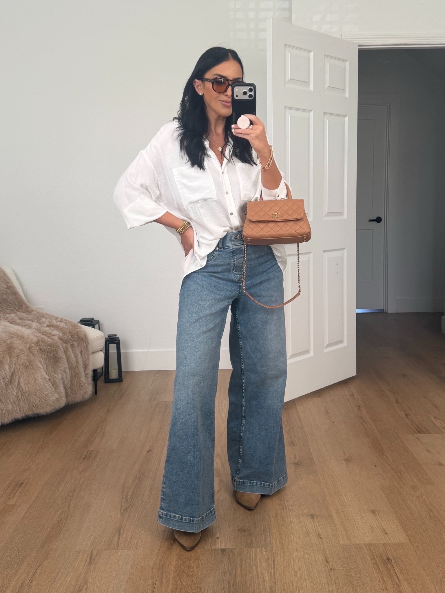 Zara Collection flowy shirt wearing size small. Spanxshape EveryWear Wide leg jeans wearing size medium now 20% off with code LTKSPANX