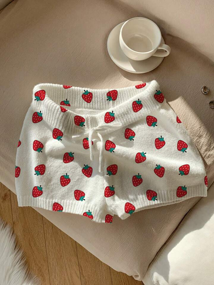 Comfortcana Women Casual Strawberry Print Skinny Knit Pants, Suitable For Summer | SHEIN