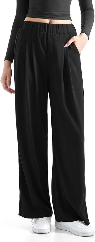 SUUKSESS Women Wide Leg Pants Elastic High Waisted Work Pants Flowy Palazzo Pants | Amazon (US)