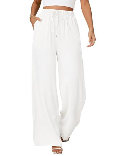 UMIPUBO Womens Linen Pants High Waisted Wide Leg Trousers Summer Palazzo Casual Pant Flowy Drawstring Beach Pants(White,X-L) | Amazon (US)
