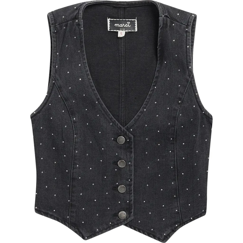 Marci Kids' Crystal Embellished Denim Button-Up Vest in Black at Nordstrom, Size Small | Nordstrom