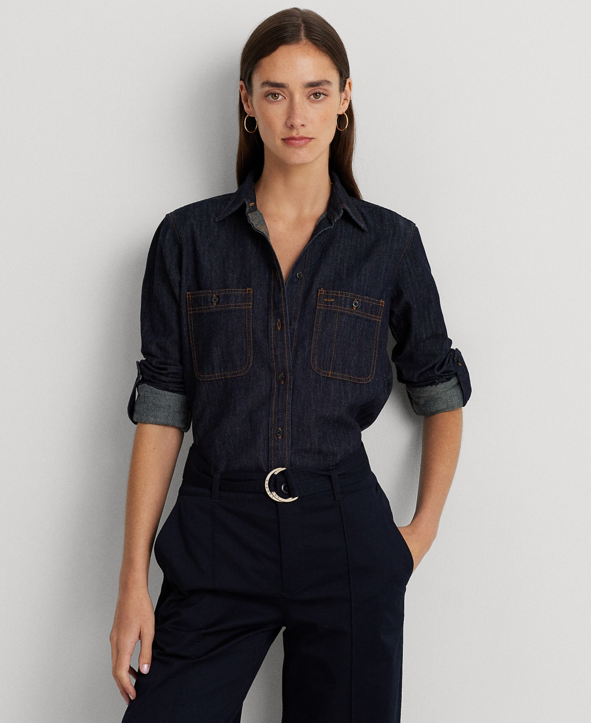 Lauren Ralph Lauren Petite Dark Denim Shirt - Dark Rinse Navy | Macy's