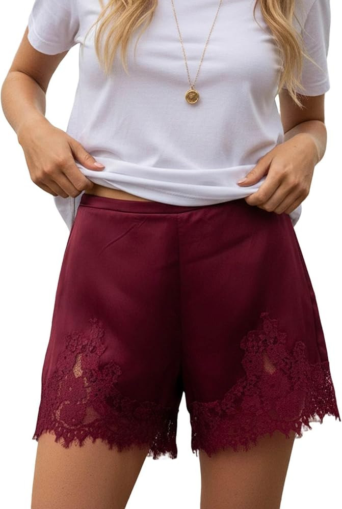 Women's Satin Silk Lace Shorts Elastic High Waisted Patchwork Mini Shorts Trendy Lounge Sleep Wea... | Amazon (CA)