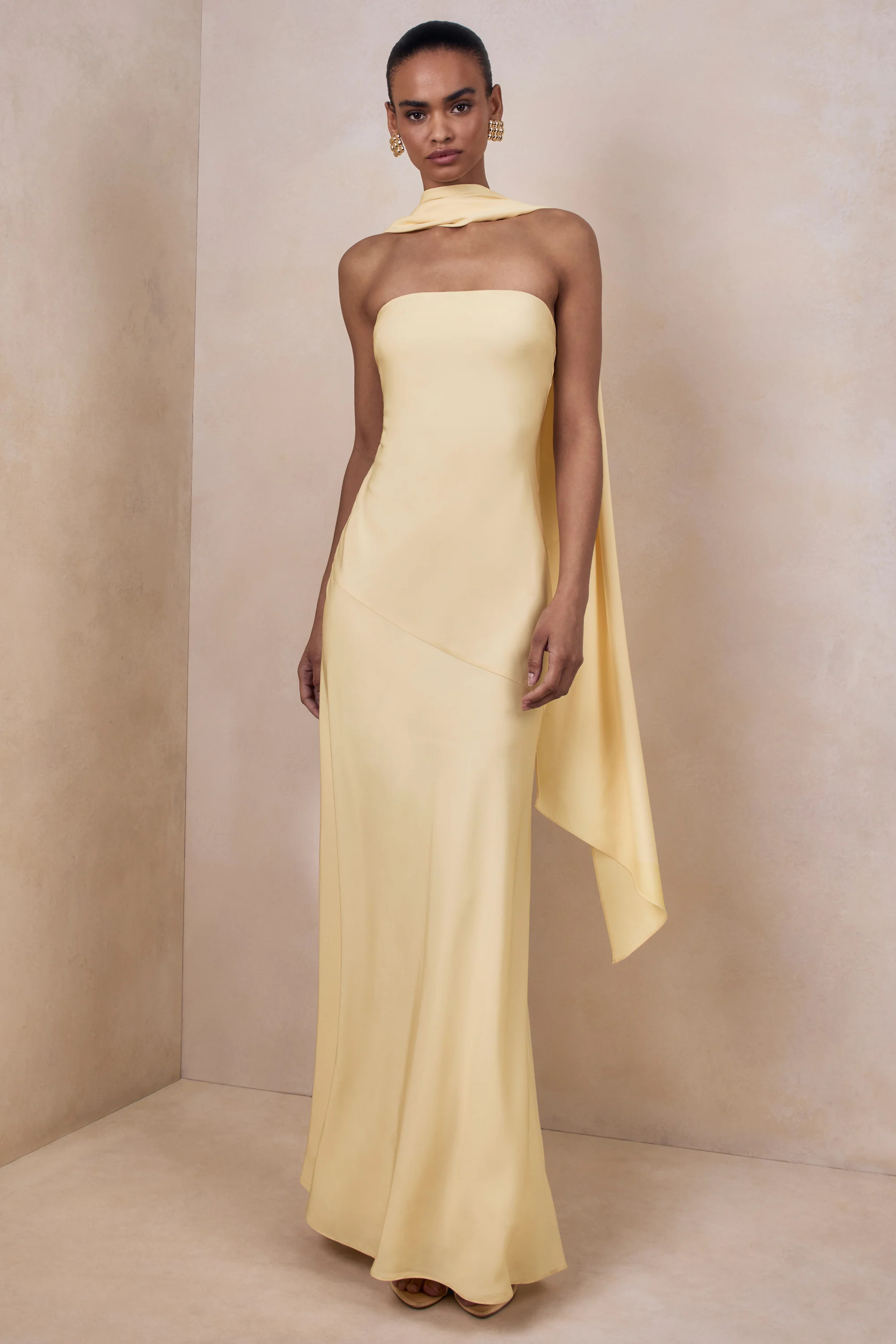 Charly | Lemon Satin Bandeau Maxi Dress With Scarf-Detail | Club L London